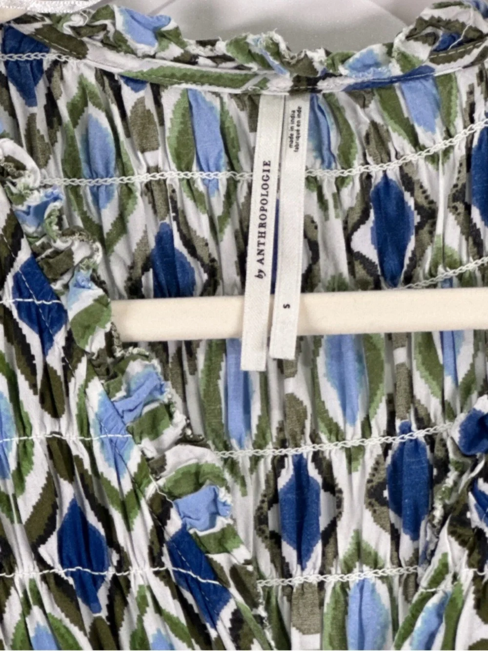 By Anthropologie Ruffle Mini Dress Smocked Long Sleeve Ikat Blue Green S - Picture 6 of 14